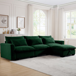English Elm Corduroy Sectional Sofa - L-Shaped Couch With Storage Footstool & 3 Pillows, Stylish Comfort For Any Room W714S00671