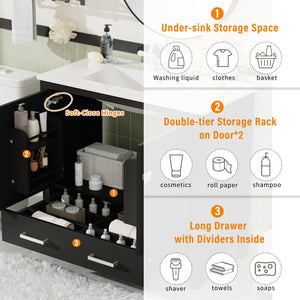 English Elm 72" Black Bathroom Vanity Set with Double Ceramic Sinks, Soft-Close Doors, Divided Drawer, Ample Storage and Solid Wood Frame for Durable Modern Style N729P000006B
