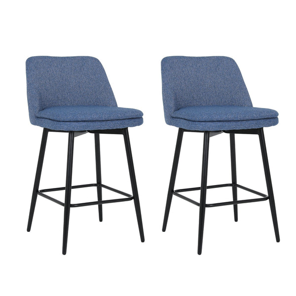 English Elm Counter Upholstered Swivel Bar Stools Set of 2 — Mid-Century Modern Comfort, 360° Rotation, Durable Metal Legs Blue W2200P233484