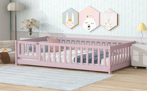 English Elm Twin Solid Rubberwood Floor Bed with Full Perimeter Safety Rails for Toddler Rooms Pink W504P296782