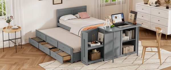 English Elm Twin Multifunctional Wood Platform Bed with Built-In Desk, Trundle & 3 Drawers for Small Spaces Gray 44.3 L x 23.1 W x 9 H N733S212832E