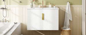 English Elm 30" Vintage Bathroom Vanity with Ceramic Sink — Wall-Mount MDF & Solid Wood Cabinet, Storage, Sleek Finish White N710P214100K