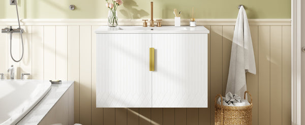 English Elm 30" Vintage Bathroom Vanity with Ceramic Sink — Wall-Mount MDF & Solid Wood Cabinet, Storage, Sleek Finish White N710P214100K