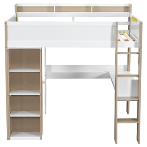 English Elm Full Size Wood Loft Bed With Desk, Wardrobe & Storage Shelves - Stylish Space-Saving Solution! N7090005007K