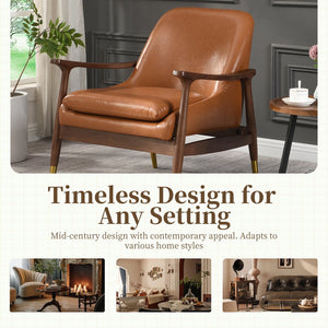 English Elm 29.2'' Mid-century Faux Leather Accent Chair Solid Wood Frame Brass Tipped Legs Lounge N767P205863B