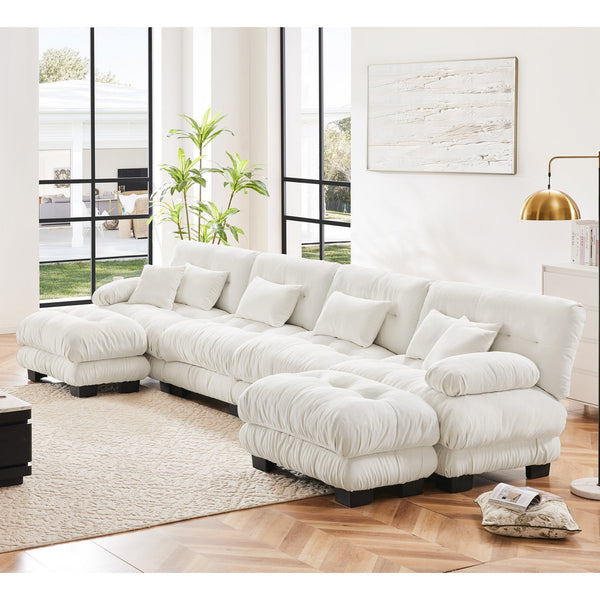 English Elm Free Modular Sectional Sofa – U-Shaped 4-Seater Cloud Couch With 2 Ottomans In Soft Chenille White W714S01006