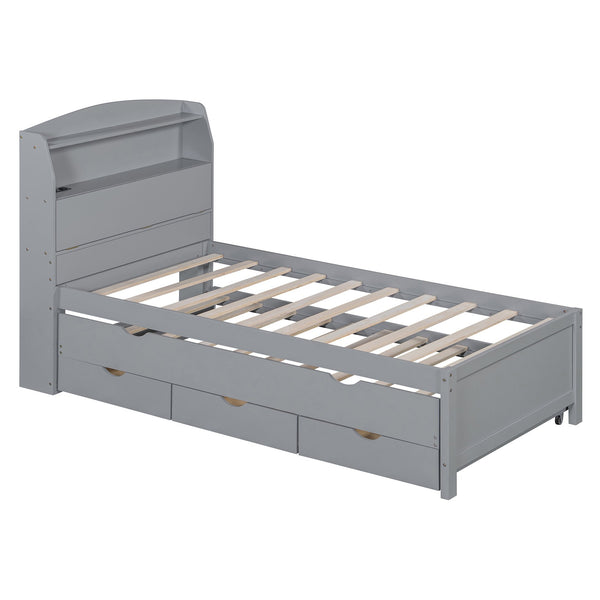 English Elm Twin LED Platform Bed with Trundle and Under-Storage Drawers, Flip-Up Headboard, USB Ports Gray N820S10008E