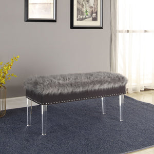 English Elm 20" Plush Gray Horice Mid-Century Tufted Storage Bench with Faux Fur, Acrylic Legs & Nailhead Trim, 45"L B072P222453