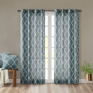 JLA Home Madison Park - Fretwork Cotton-Blend Grommet Top Curtain Panel — Textured Basket Weave, Light-Filtering, Modern Flair Blue/White MP40-2026