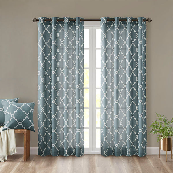 JLA Home Madison Park - Fretwork Cotton-Blend Grommet Top Curtain Panel — Textured Basket Weave, Light-Filtering, Modern Flair Blue/White MP40-2026