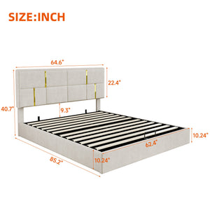 English Elm 2-pieces Queen Platform Bed Set Pu Upholstered Hydraulic Storage with Gold Accent Ottoman N733S362242A