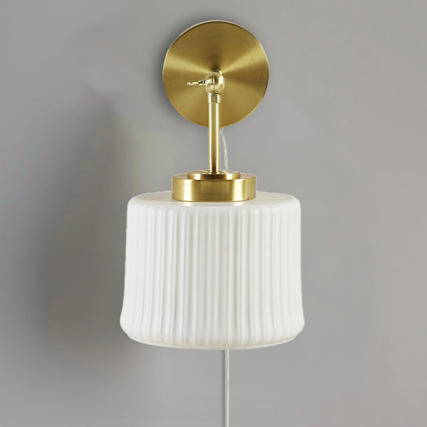 JLA Home INK+IVY - White Ceramic Pleated Wall Sconce with Brushed Gold Swing Arm, Adjustable Task Light for Reading FB155-1182
