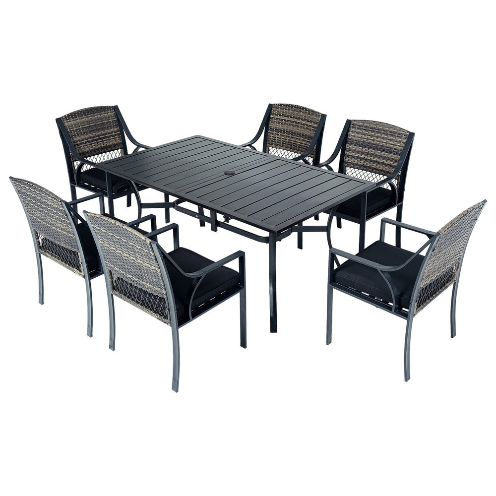 English Elm 7-piece Outdoor Dining Set Powder Coated Steel Rattan Chairs Cushions Poolside T5880S00024