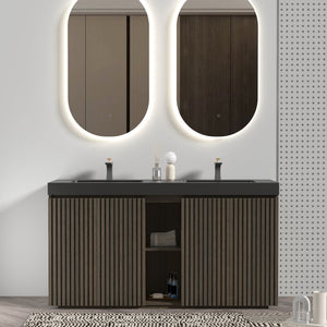 English Elm Galan60F" Smoked Oak Freestanding Bathroom Vanity With Soft-Close Doors & Sleek Black Sink Basin W1865S00154