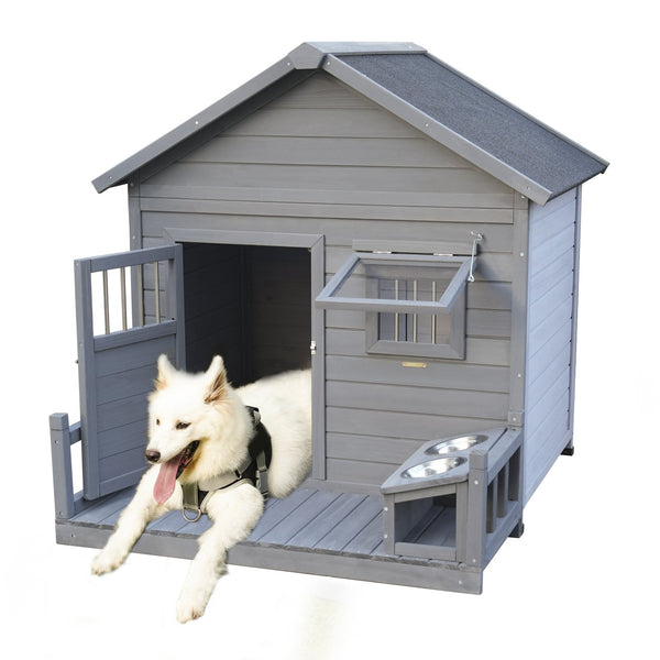 English Elm Large Breed Outdoor Doghouse Solid Fir Wood Covered Porch Weatherproof Asphalt Roof W1431S00010