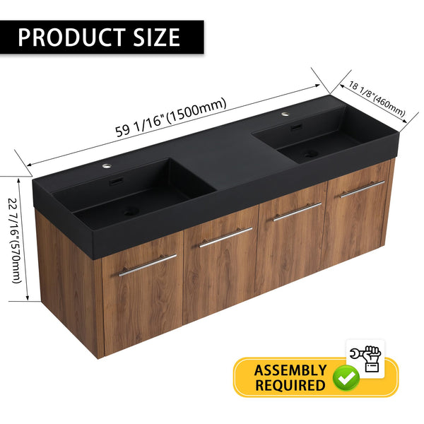 English Elm 60 Inch Wall-Mounted Bathroom Vanity With Double Black Resin Sink For Modern Elegance & Functionality W999S00251