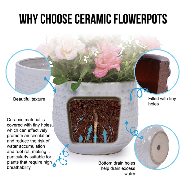 English Elm 3 Pieces Ceramic Flowerpot Set - Elegant Matte White Planters For Modern Home Décor & Gardens W3273P321548