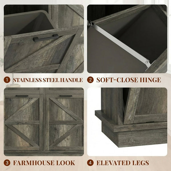 English Elm Double Tilt Out Trash Bin Cabinet with Drawers Odor Blocking Kitchen Laundry Storage Grey+Brown T5831P489239