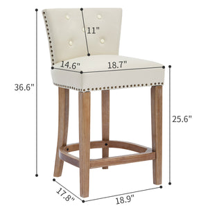 English Elm Bar Stools Set Of 2 - 26" Beige Leather & Wood Stools For Home, Kitchen, And Cafe Comfort W2195P314867