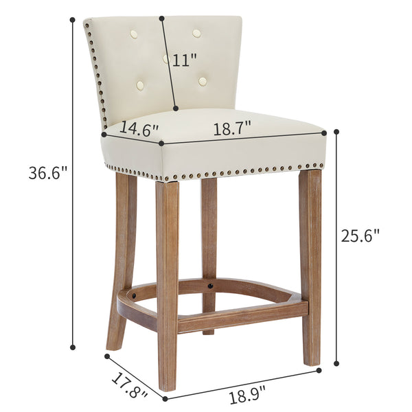 English Elm Bar Stools Set Of 2 - 26" Beige Leather & Wood Stools For Home, Kitchen, And Cafe Comfort W2195P314867
