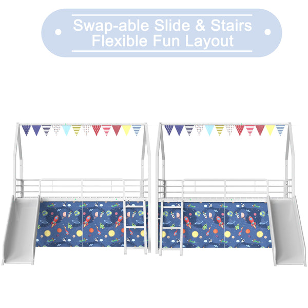 English Elm Jack Metal Junior Twin Loft Bed With Slide, Curtain Set, Pennant Banner & Star Stickers - White/Blue B083P354664