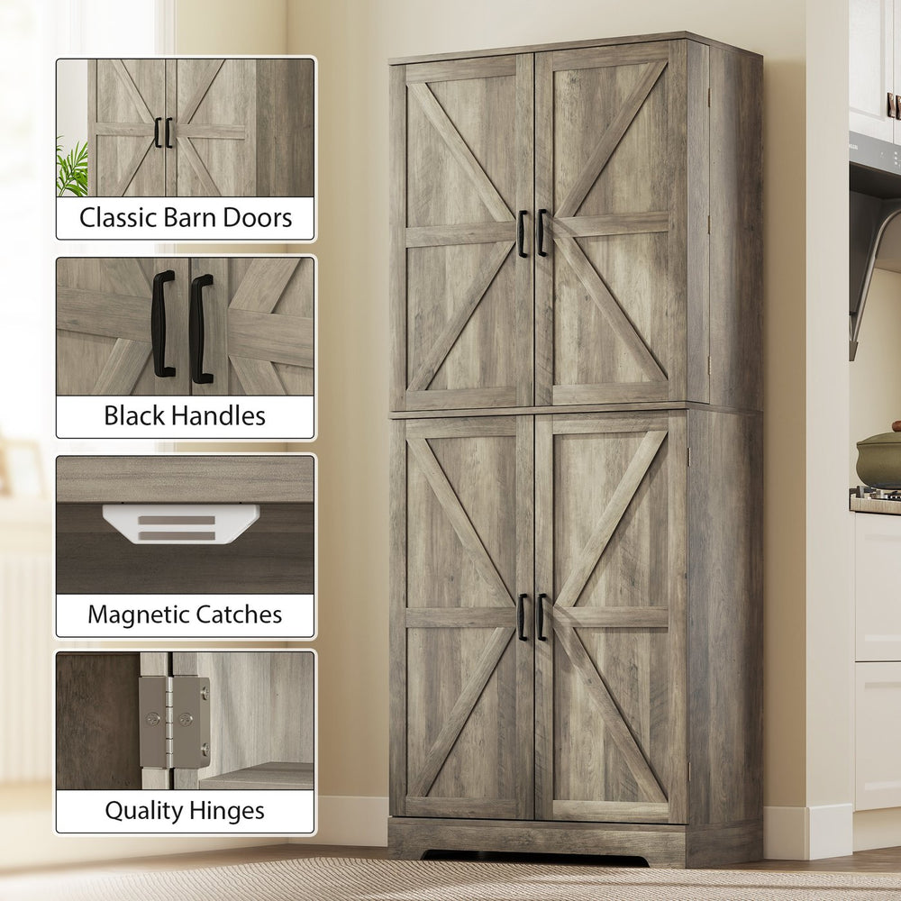 English Elm Tall Farmhouse Pantry Cabinet with Sliding Barn Doors and Gray Wash Wood Grain Finish T3971P428125
