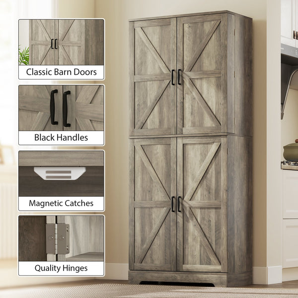 English Elm Tall Farmhouse Pantry Cabinet with Sliding Barn Doors and Gray Wash Wood Grain Finish T3971P428125