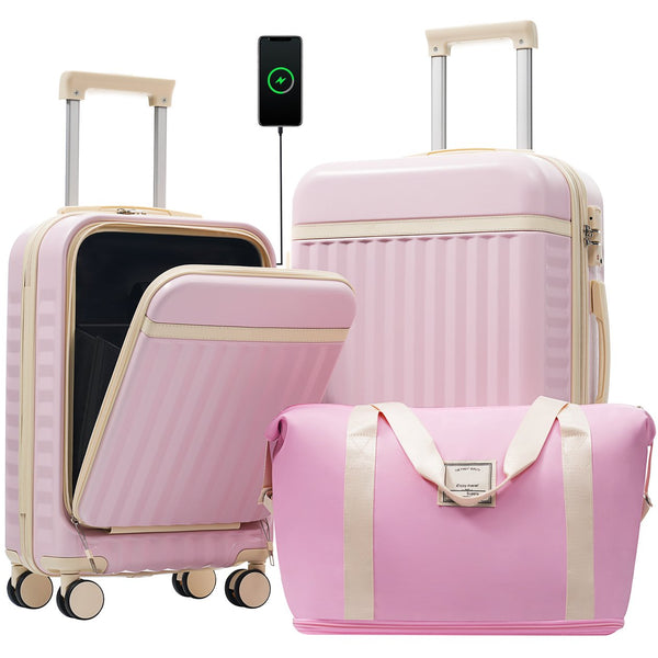 English Elm Front Access Hardside 3 Piece Travel Set with Usb Port Spinner Wheels and Tsa Lock Pink N732P326130U