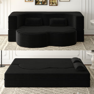 English Elm Modern Full Size Folding Sofa Bed with Plush Corduroy, 2 Pillows, 15" Foam Mattress, No Assembly Required Black W1885P347089