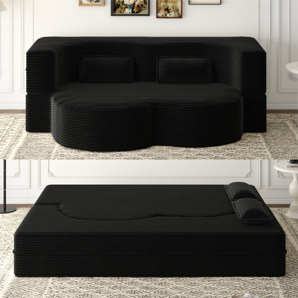 English Elm Modern Full Size Folding Sofa Bed with Plush Corduroy, 2 Pillows, 15" Foam Mattress, No Assembly Required Black W1885P347089