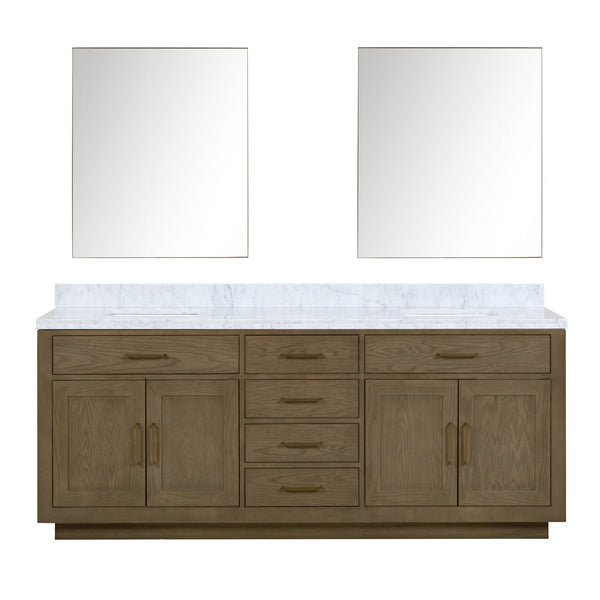 English Elm Grey Oak Double Bath Vanity With Carrara Marble Top & Mirrors - Elegant Storage For Modern Baths B2731S01558