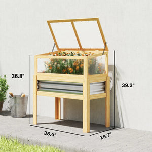 English Elm Flowers Elevated Fir Wood Raised Planter with Cold Frame Greenhouse Lid for Patio Gardens Natural Wood T3971P476376