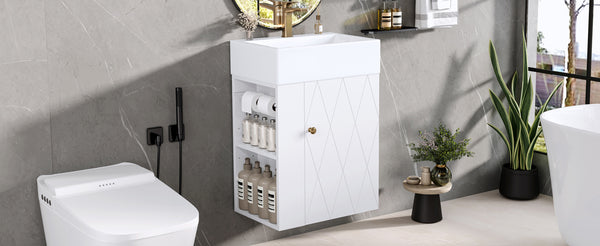 English Elm 20 Modern Wall-Mounted Bathroom Vanity with Ceramic Sink, Diamond Door, Gold Handles & Shelves — Compact White N725P314033K