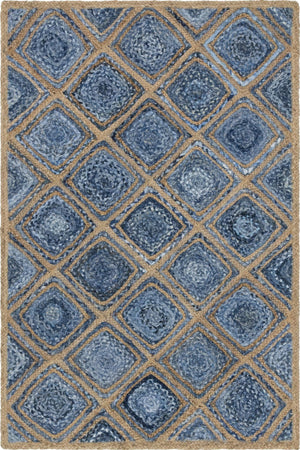 Unique Loom Braided Jute Bengal Hand Braided Geometric Rug Blue, Beige/Navy Blue 4' 1" x 6' 1"