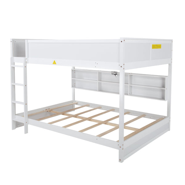 English Elm Queen Over Queen Floor Bunk Bed with Built-In Storage Shelves, USB Charging Station, Solid Pine Frame, Safety Rails and LadderDesigned for Space Saving and Modern Bedrooms White W504S00240