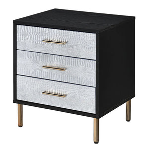 English Elm Black, 3-Drawer Nightstand with Decorative Fronts, Metal Glides, 2/3 Extension, Sleek Black Silver Gold Finish B062P189251
