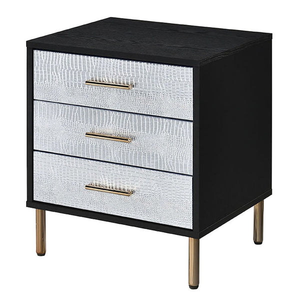 English Elm Black, 3-Drawer Nightstand with Decorative Fronts, Metal Glides, 2/3 Extension, Sleek Black Silver Gold Finish B062P189251