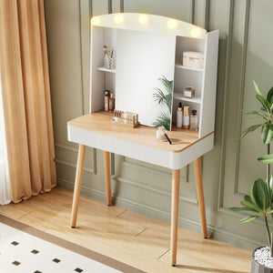 English Elm Small Vanity Desk With Sliding Mirror & Led Lights, Compact Makeup Table With Ample Storage Solutions W3767P360383-GIGA