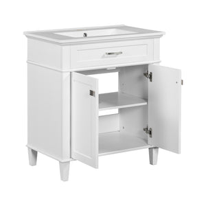 English Elm 30-inch bathroom vanity with ceramic basin, solid wood frame, soft-close doors and adjustable shelves for organized style and lasting durability White N729P173380K
