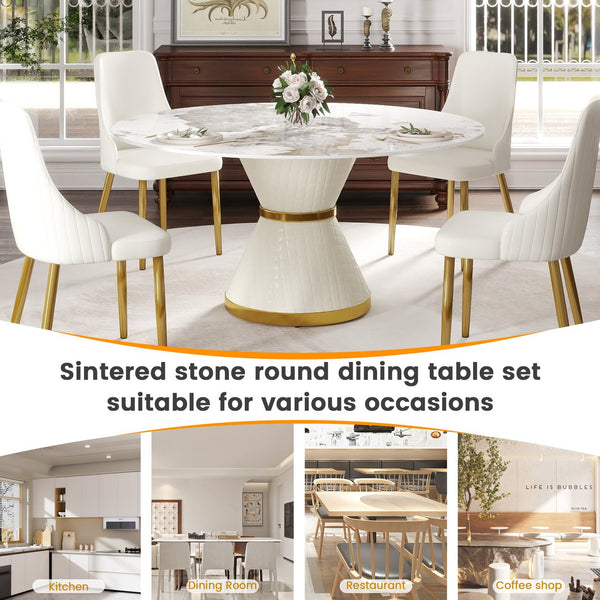English Elm 59.05"Modern Round Dining Table With Sintered Stone Top & Carbon Steel Base - Seats 6 Comfortably! W1535S00614