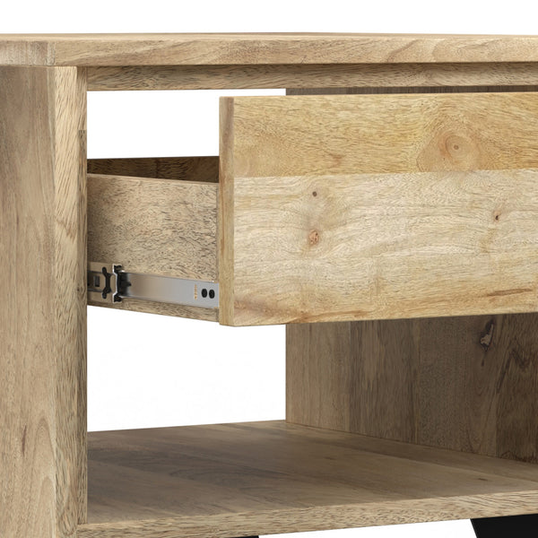English Elm Lowry Natural Mango Wood End Table with Drawer, Modern Industrial Metal Legs, 22" Square Accent B136P203451