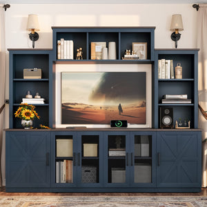 English Elm Wall Unit Entertainment Center with Built in Charging Mdf Media Console Open Shelving Blue W1580S00437