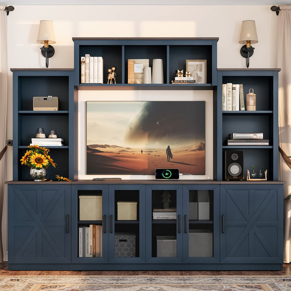 English Elm Wall Unit Entertainment Center with Built in Charging Mdf Media Console Open Shelving Blue W1580S00437