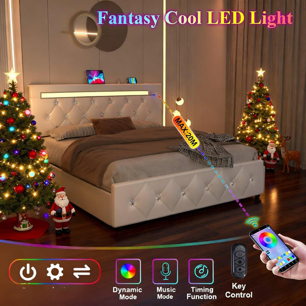 English Elm Full Size Pu Leather Storage Bed with Rgb Led Headboard and Charging Station White W5722P462437