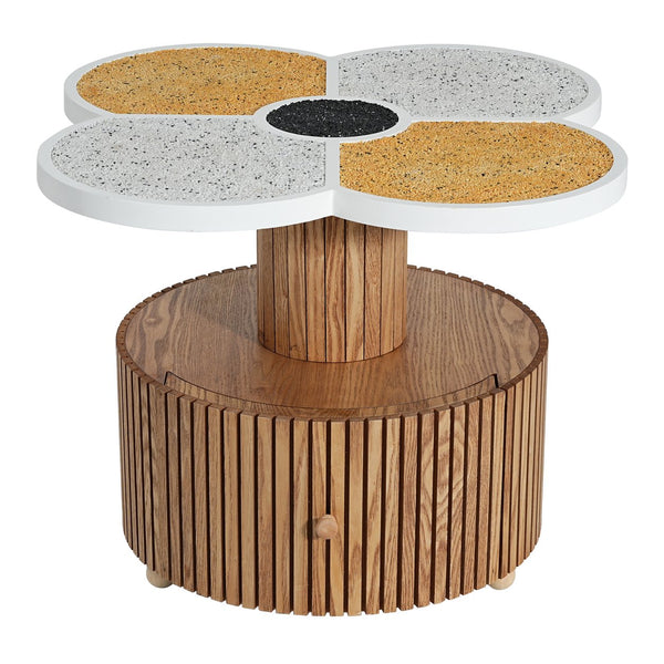 English Elm Unique Clover Shaped Stone Texture Side Table with Drawer Organic Sculptural Accent N770P355454N
