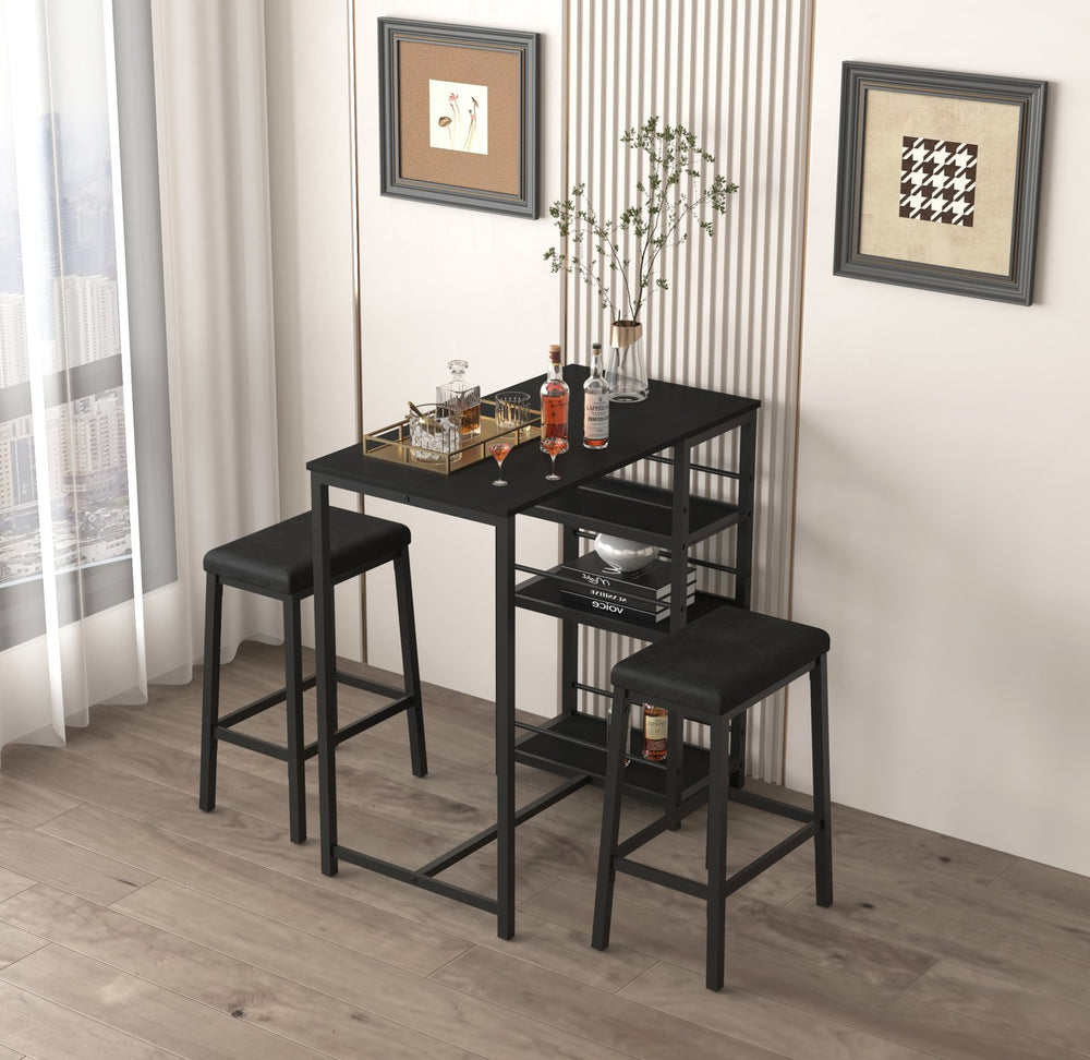 English Elm Dining Table Set for 2 with 3-Tier Storage Shelves, Counter Height PU Leather Stools, Space-Saving Black W2129P297195