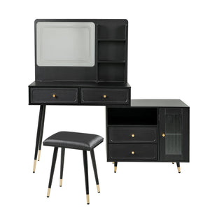 English Elm Modern Makeup Vanity Desk with LED 3-Color Mirror, Built-In Power Station, Sliding Cabinet, Stool Black N844P288432B