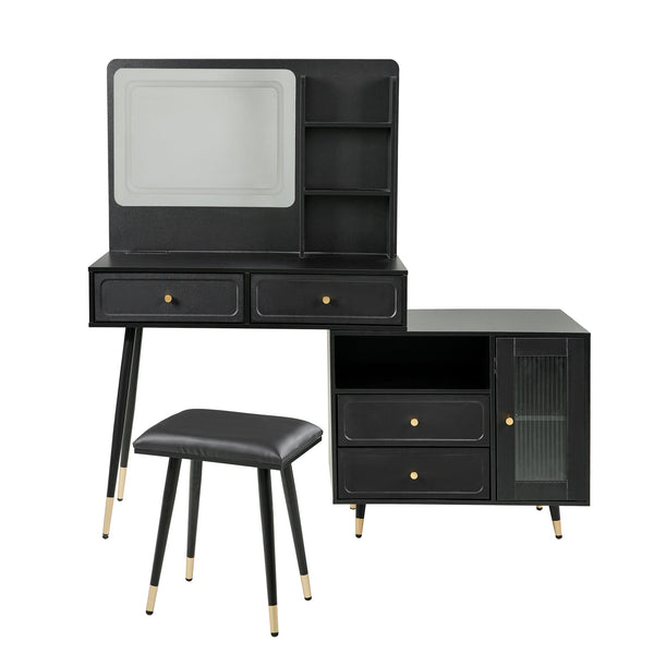 English Elm Modern Makeup Vanity Desk with LED 3-Color Mirror, Built-In Power Station, Sliding Cabinet, Stool Black N844P288432B