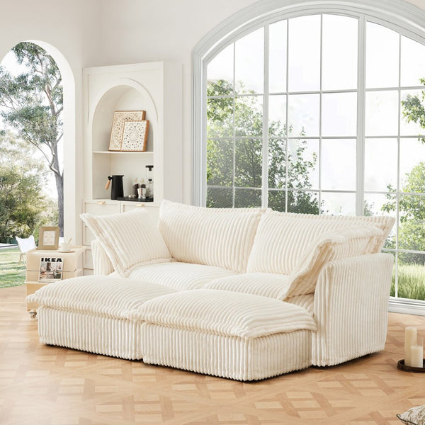 English Elm Slipcovered 2-Seater Sofa With 2 Ottomans | Cozy Corduroy Cream Sleeper For Living Room Comfort W3041S00137-GIGA