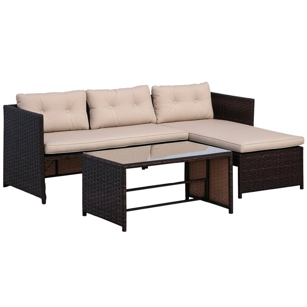 English Elm Loveseat Patio Set with Chaise and Glass Top Table Handwoven Rattan Outdoor Lounge T3971P384021